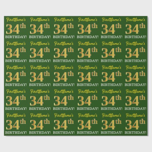 Green, Imitation Gold look "34th BIRTHDAY" Cadeaupapier (Vlak)