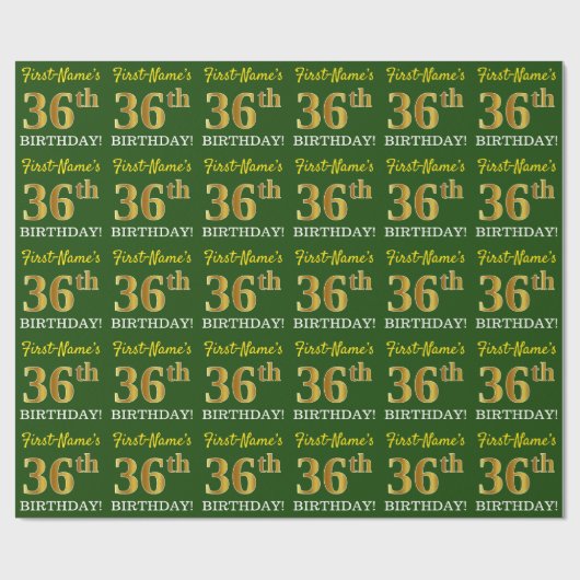Green, Imitation Gold look "36th BIRTHDAY" Cadeaupapier (Vlak)