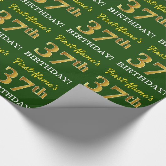 Green, Imitation Gold look "37th BIRTHDAY" Cadeaupapier (Hoek)