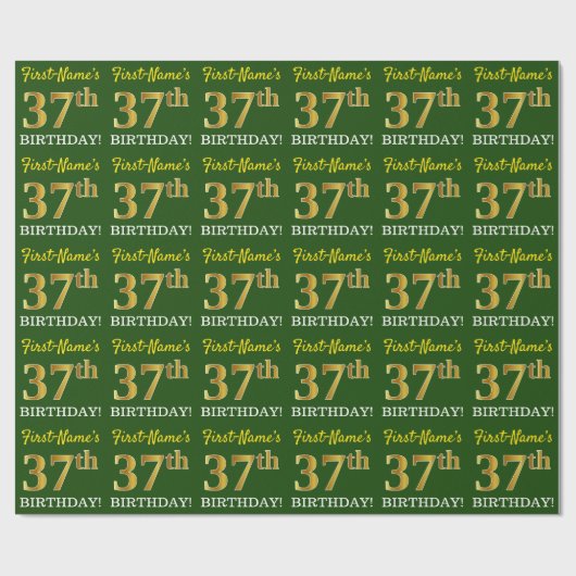 Green, Imitation Gold look "37th BIRTHDAY" Cadeaupapier (Vlak)