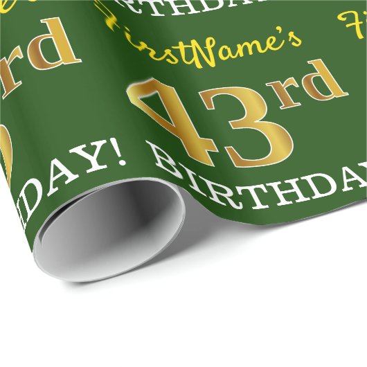 Green, Imitation Gold look "43rd BIRTHDAY" Cadeaupapier (Rol Hoek)