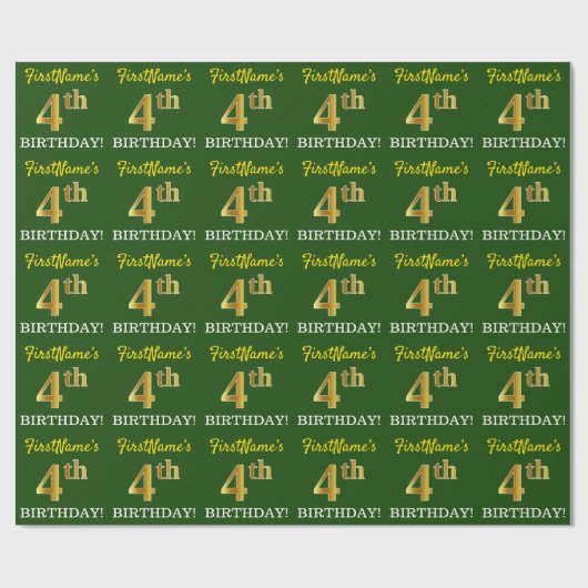 Green, Imitation Gold look "4th BIRTHDAY" Cadeaupapier (Vlak)
