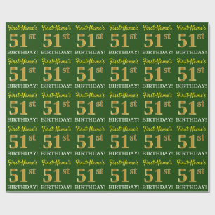Green, Imitation Gold look "51st BIRTHDAY" Cadeaupapier