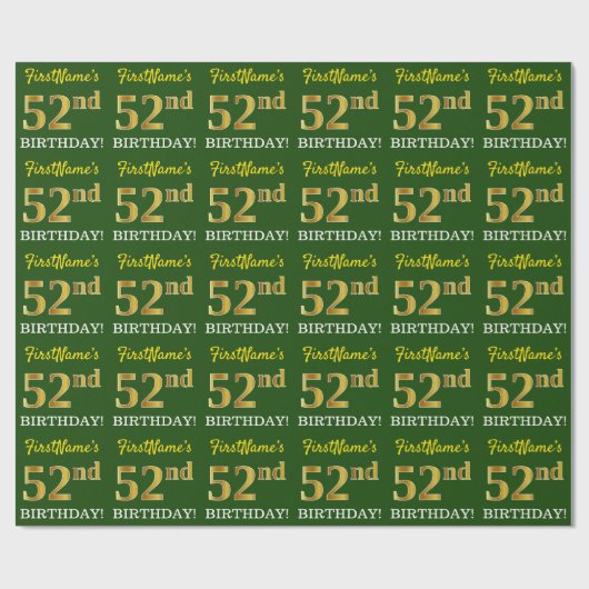 Green, Imitation Gold look "52nd BIRTHDAY" Cadeaupapier (Vlak)