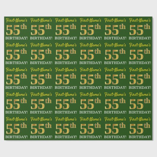 Green, Imitation Gold look "55th BIRTHDAY" Cadeaupapier (Vlak)