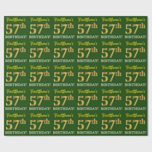 Green, Imitation Gold look "57th BIRTHDAY" Cadeaupapier (Vlak)