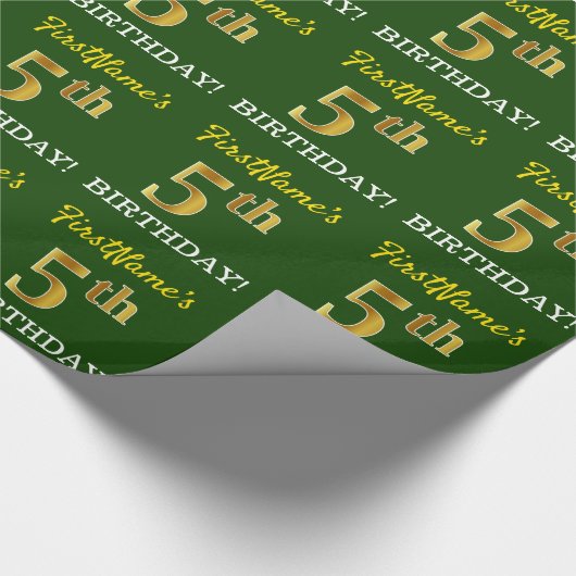 Green, Imitation Gold look "5th BIRTHDAY" Cadeaupapier (Hoek)