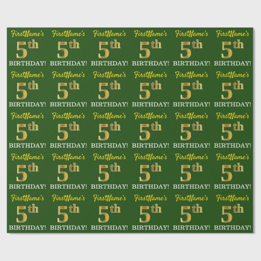Green, Imitation Gold look "5th BIRTHDAY" Cadeaupapier (Vlak)