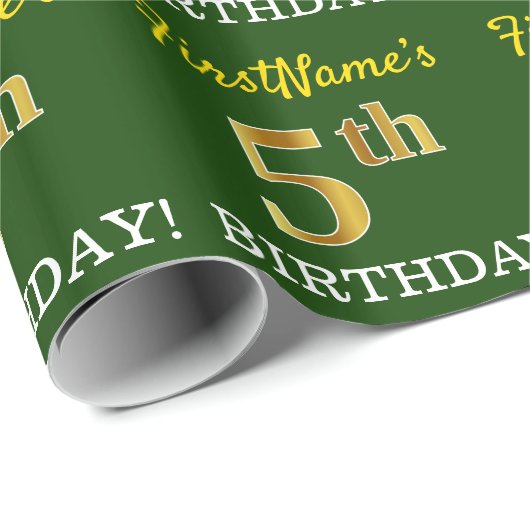 Green, Imitation Gold look "5th BIRTHDAY" Cadeaupapier (Rol Hoek)