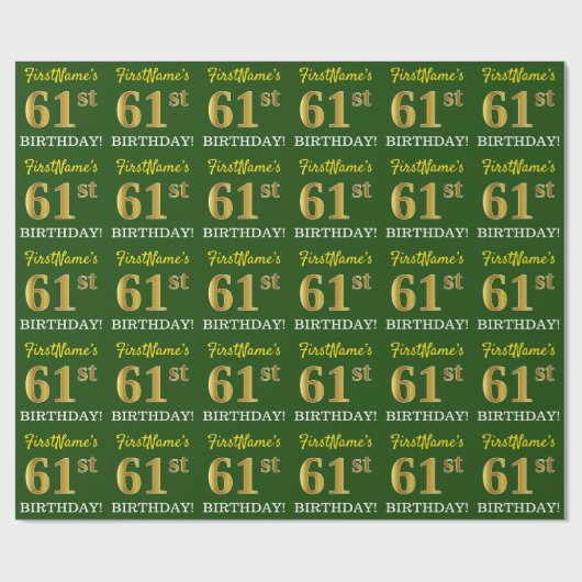 Green, Imitation Gold look "61st BIRTHDAY" Cadeaupapier (Vlak)