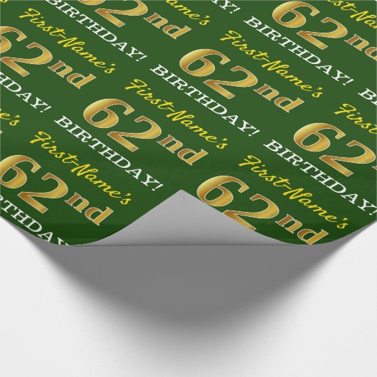 Green, Imitation Gold look "62nd BIRTHDAY" Cadeaupapier (Hoek)