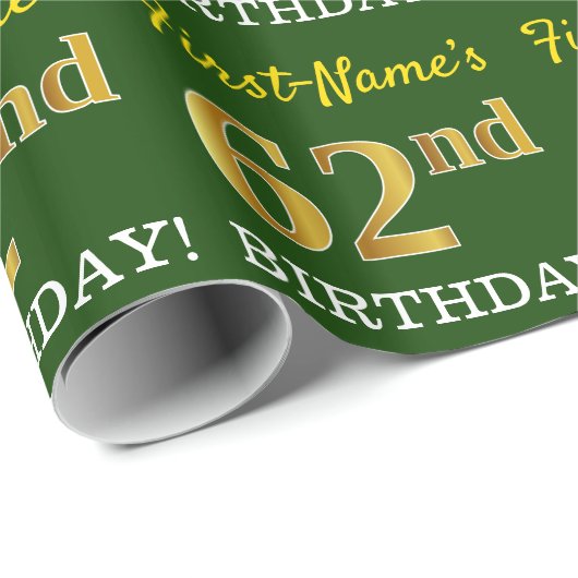 Green, Imitation Gold look "62nd BIRTHDAY" Cadeaupapier (Rol Hoek)