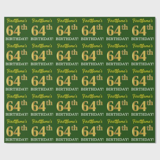 Green, Imitation Gold look "64th BIRTHDAY" Cadeaupapier (Vlak)
