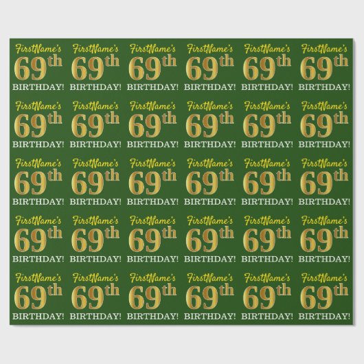 Green, Imitation Gold look "69th BIRTHDAY" Cadeaupapier (Vlak)