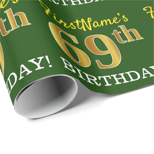 Green, Imitation Gold look "69th BIRTHDAY" Cadeaupapier (Rol Hoek)