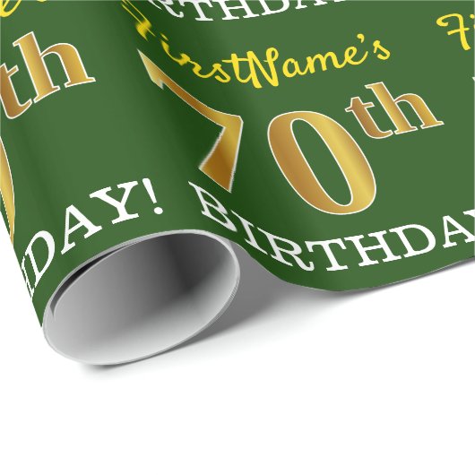 Green, Imitation Gold look "70th BIRTHDAY" Cadeaupapier (Rol Hoek)