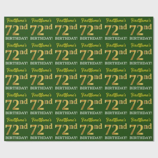 Green, Imitation Gold look "72nd BIRTHDAY" Cadeaupapier (Vlak)