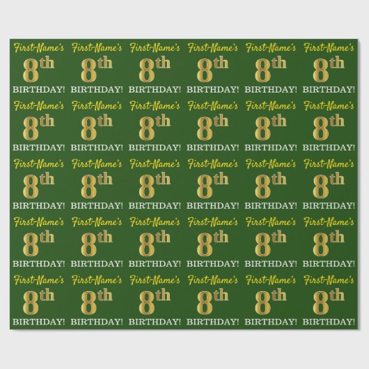 Green, Imitation Gold look "8th BIRTHDAY" Cadeaupapier (Vlak)