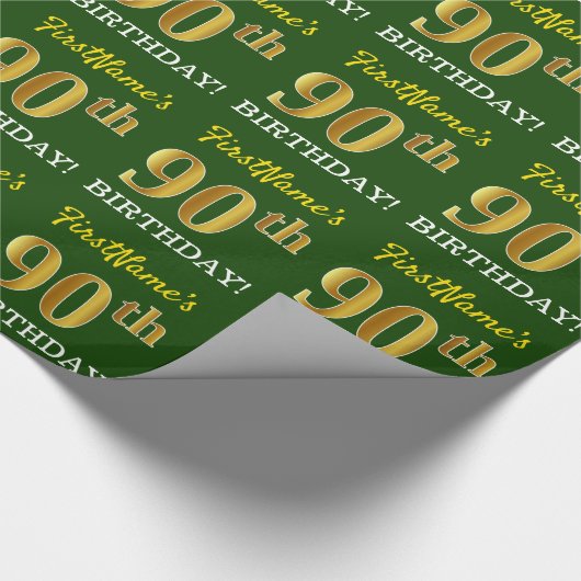 Green, Imitation Gold look "90th BIRTHDAY" Cadeaupapier (Hoek)