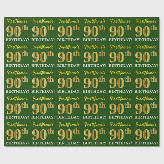 Green, Imitation Gold look "90th BIRTHDAY" Cadeaupapier (Vlak)