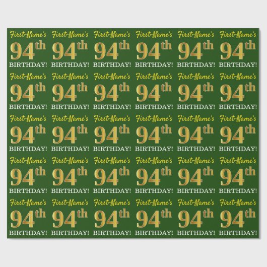 Green, Imitation Gold look "94th BIRTHDAY" Cadeaupapier (Vlak)