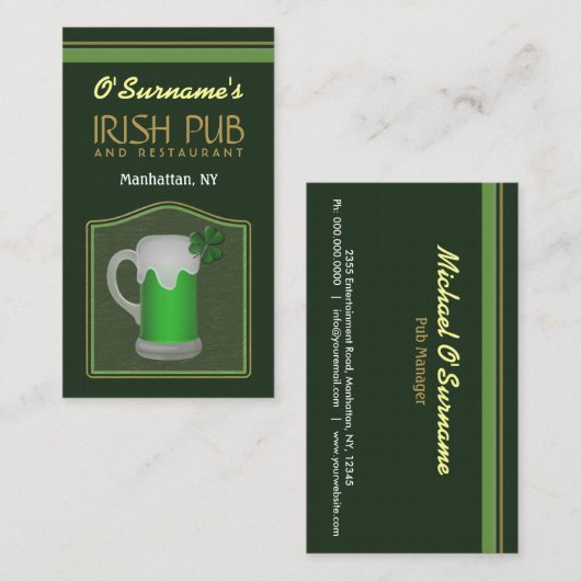 Green Irish Pub Manager Bar Tender Visitekaartjes (Voorkant / Achterkant)