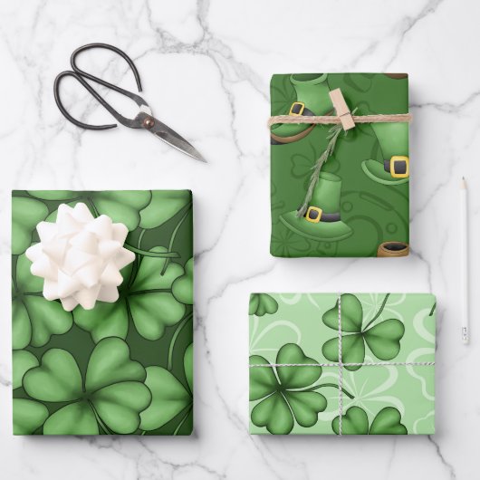 GREEN IRISH SHAMROCKS PIPES TOP HATS INPAKPAPIER VEL (Voorkant)