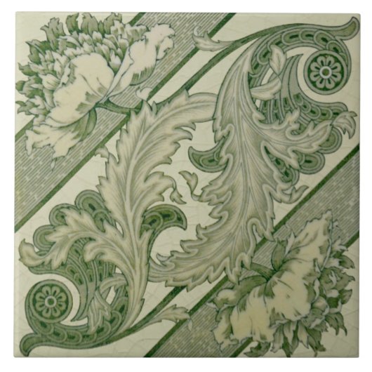 Green Ivory Art Nouveau Peony Antiek Repro Tile Tegeltje (Voorkant)