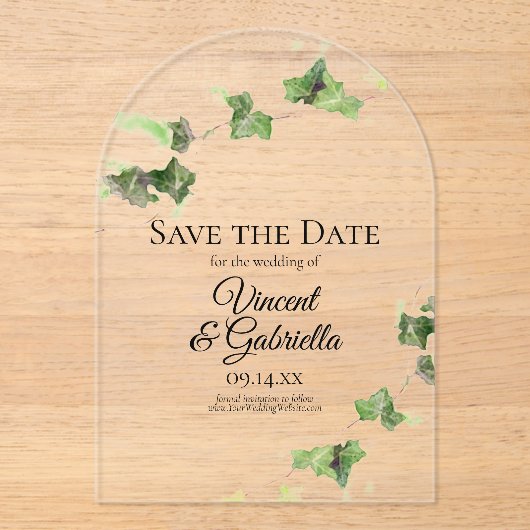 Green Ivy Vine Waterverf Wedding Save the Date Acryl Uitnodigingen (Voorkant)