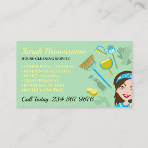 Green Janitorial Lady Cartoon Girl House Cleaning Visitekaartje