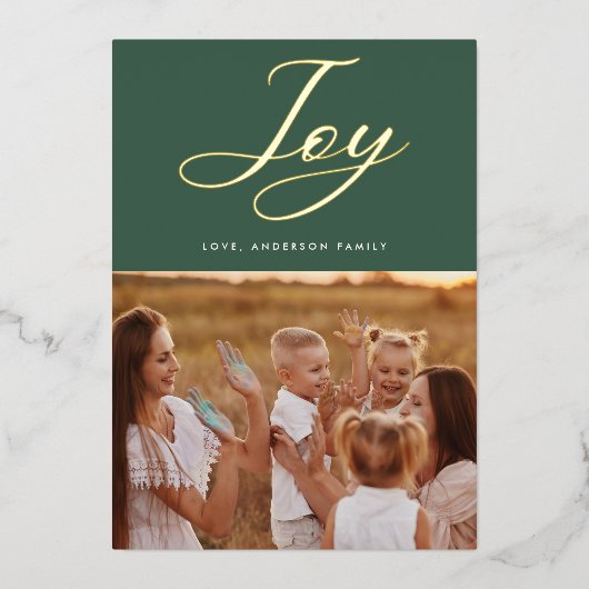 Green JOY Classic GOUD kalligrafie belettering Folie Feestdagenkaart (Voorkant)