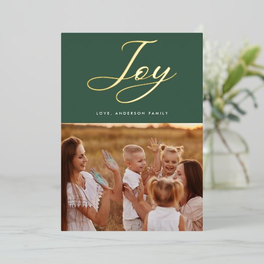 Green JOY Classic GOUD kalligrafie belettering Folie Feestdagenkaart (Staand Voorkant)