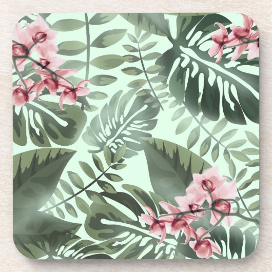 Green Jungle Print and Orchids Plastic Coaster Set Bier Onderzetter (Voorkant)