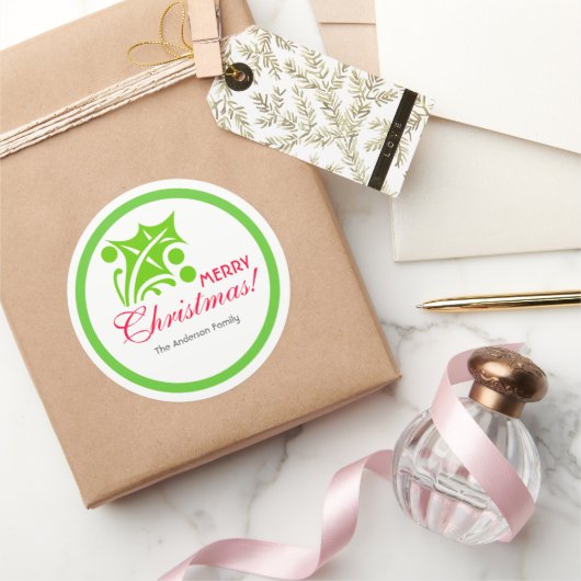 Green kerst Holly Leaf Ronde Sticker (Geschenken)