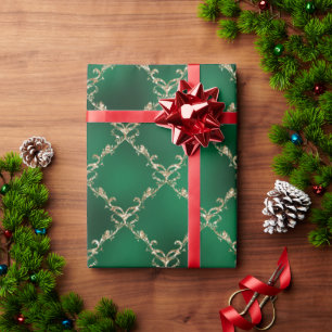 Green Kerstfeestay Gold Damask Gift Cadeaupapier
