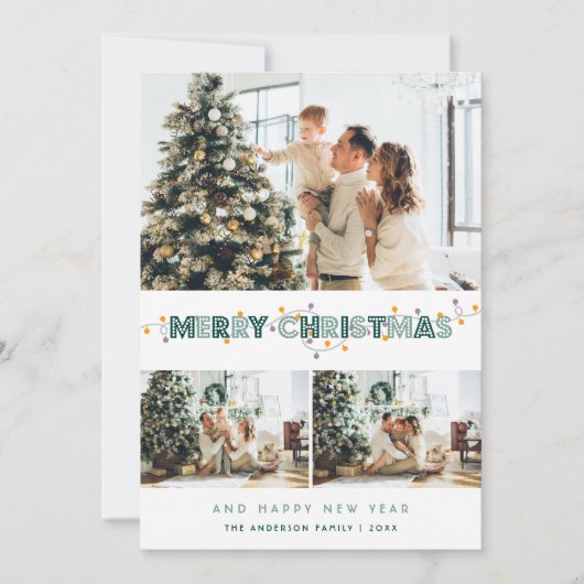 Green Kerstlampje Sneeuw 3 Foto Collage Feestdagenkaart (Voorkant)