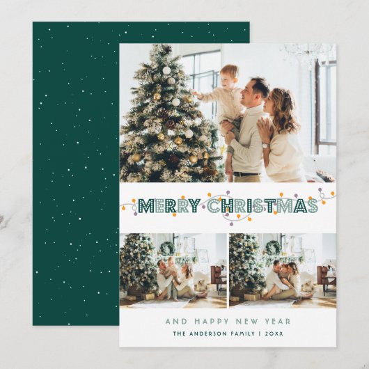 Green Kerstlampje Sneeuw 3 Foto Collage Feestdagenkaart (Voorkant / Achterkant)