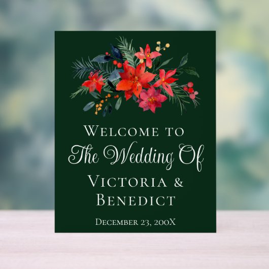 Green Kerstmis Poinsettia Floral Welcome Wedding Acryl Bord (Neutraal)
