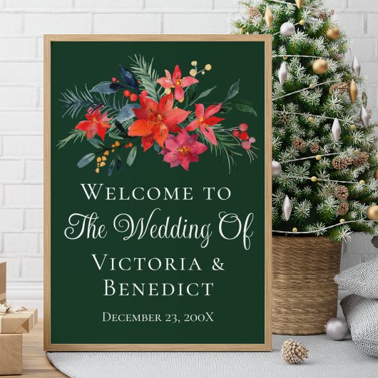 Green Kerstmis Poinsettia Floral Welcome Wedding Poster