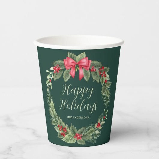 Green Kerstmis Wreath Papieren Bekers (Voorkant)