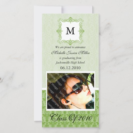 Green Lace Damask Initiaal Afstuderen Fotokaart Aankondiging (Voorkant)