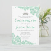 Green Lace & Silver Glitter Princess Quinceañera Kaart (Staand voorkant)