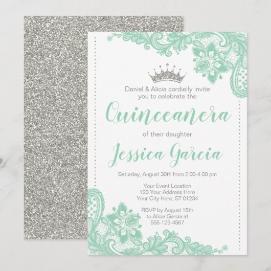 Green Lace & Silver Glitter Princess Quinceañera Kaart (Voorkant / Achterkant)