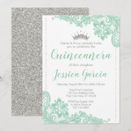 Green Lace & Silver Glitter Princess Quinceañera Kaart