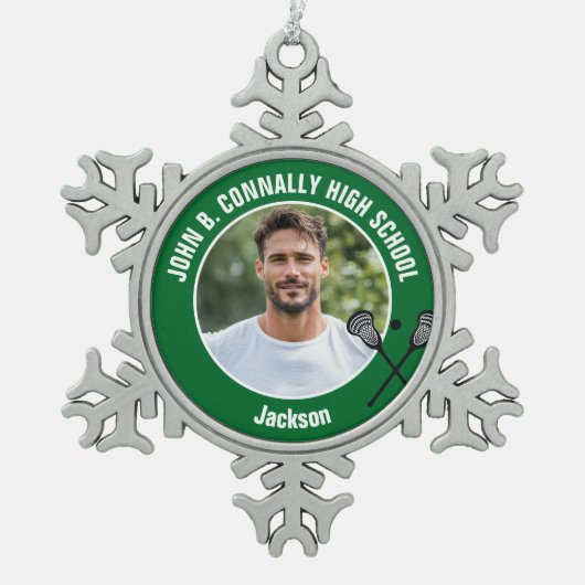 Green Lacrosse Player Photo High School Tin Sneeuwvlok Ornament (Voorkant)
