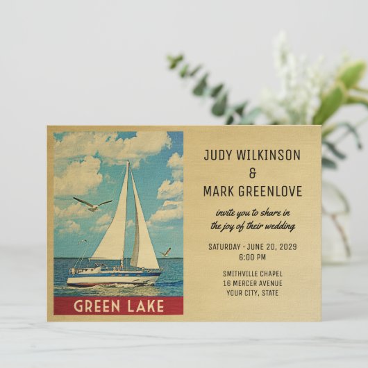 Green Lake Wedding Invitation Sailboat Kaart (Staand voorkant)