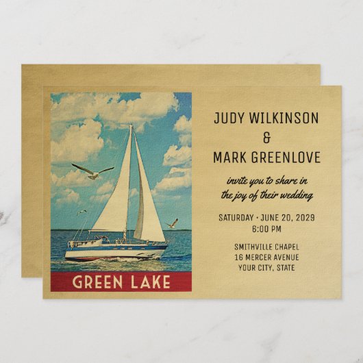 Green Lake Wedding Invitation Sailboat Kaart (Voorkant / Achterkant)