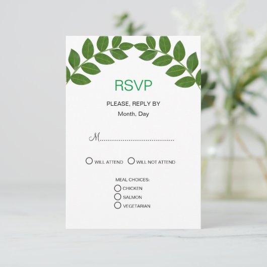 Green Laurel Leaves Wedding RSVP Kaartje (Staand voorkant)