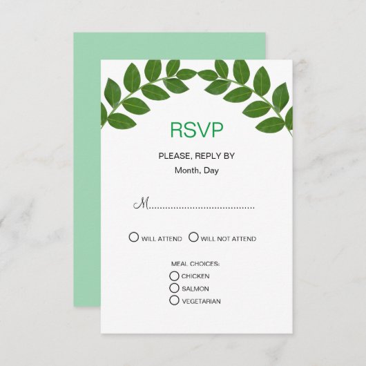 Green Laurel Leaves Wedding RSVP Kaartje (Voorkant / Achterkant)