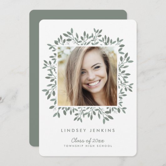 Green Leaf Afstudeerder Foto Afstuderen Uitnodigin Kaart (Voorkant / Achterkant)